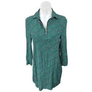 Zara Green Polka Dot Long Sleeve Collar Zipper Mini Tunic Shirt Shift Dress Sz M